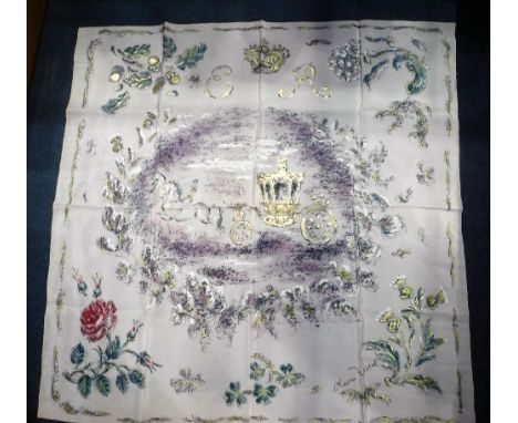 OLIVER MESSELL: A PRINTED QUEEN ELIZABETH SCARF, with gilt printed highlights, in card box