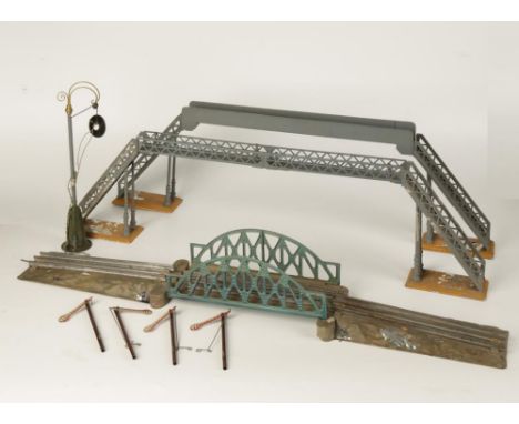 A GAUGE 1 BING SIGNAL BRIDGE, another similar, a Gauge 0 Bing three rail bridge and a Bing street lamp, some flaking and elem