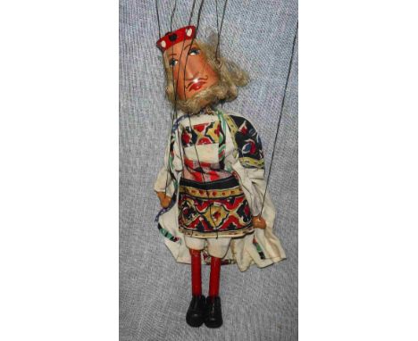 PELHAM PUPPETS; (?) AN UN-MARKED "KING OF HEARTS" PUPPET  with hand-painted wooden head, red and heart decorated crown, with 