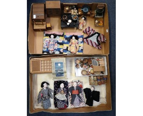 A COLLECTION OF JAPANESE DOLLS HOUSE FURNITURE, screens, bedroom furniture, cups, saucers and fittings with a Japanese doll f