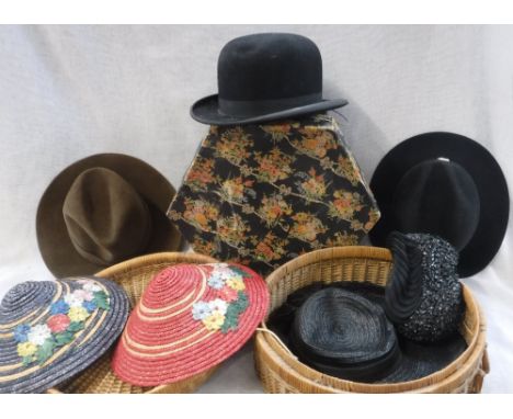 A COLLECTION OF VINTAGE HATS contained in a circular wicker hat box and a Marshall & Snellgrove cardboard hat box