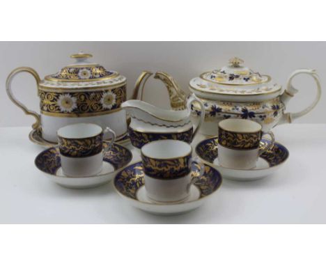 A COLLECTION OF EARLY 19TH CENTURY ENGLISH PORCELAIN, to include; two tea pots, with cobalt blue, gilded floral decoration, o