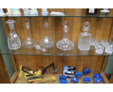 A SHELF FULL OF GLASSWARE to include; decanters &amp; stoppers, and a set of six Edinburgh crystal whisky tumblers 