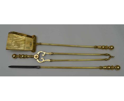 A SET OF THREE GEORGIAN DESIGN BRASS FIRE TOOLS, comprising tongs, shovel and poker 
