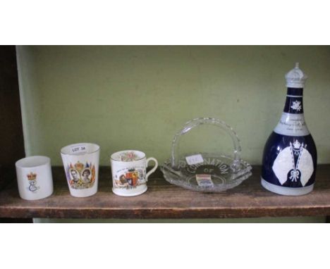 A SHELF FULL OF COLLECTABLE COMMEMORATIVES VARIOUS, to include a Copeland Spode 1911 decanter 