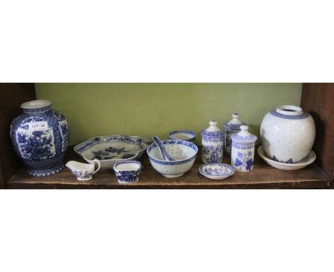 A SHELF FULL OF BLUE &amp; WHITE WARES, both English &amp; Oriental, some bearing character marks 