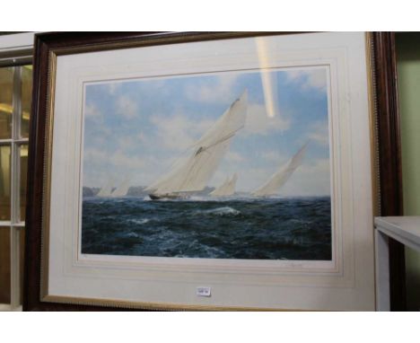 AFTER STEVEN DEWS A SIGNED LIMITED EDITION COLOURED PRINT OF RACING YACHTS, decoratively mounted in an antique effect frame 