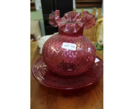 A RUBY GLASS DISH together with A RUBY GLASS OIL LAMP SHADE &amp; CHIMNEY 