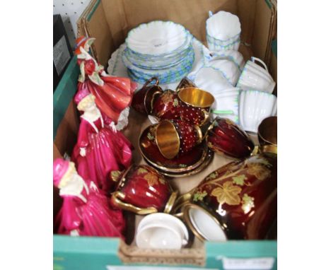 A BOX CONTAINING PART TEA SERVICE, Carltonware part coffee service and three porcelain figurines, Doulton &amp; Worcester 