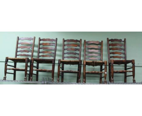 FIVE RUSH SEATED LADDER BACK CHAIRS 