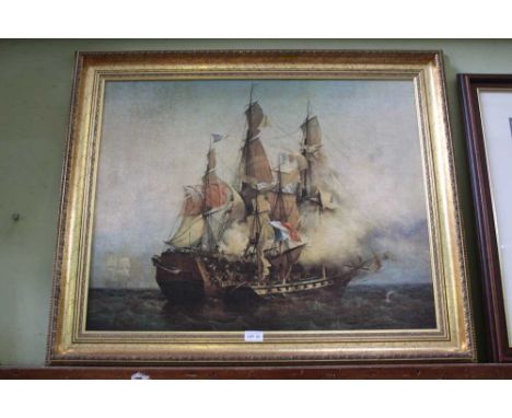 A LARGE OILOGRAPHIC PRINT OF A NAVAL BATTLE in decorative gilt frame 