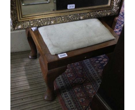 A WOODEN FRAMED SQUARE PADDED TOPPED STOOL on cabriole legs, together with A SMALL RECTANGULAR PLAIN PLATE WALL MIRROR with f