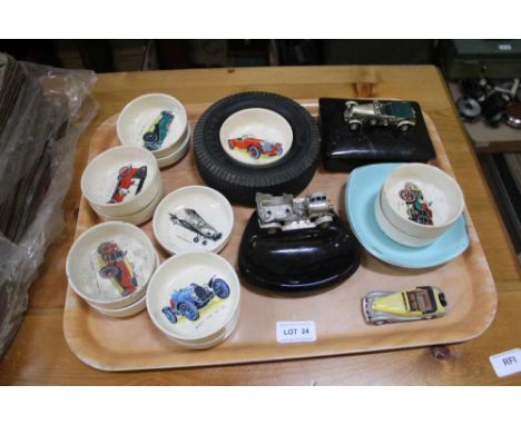 A SELECTION OF VINTAGE AUTOMOBILE COLLECTABLES, to include; printed porcelain dishes and a die-cast model 1939 Delahaye 