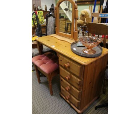 A MODERN PINE DESK, with single bank of four drawers, together with a matching stool, and an adjustable plain plate mirror 