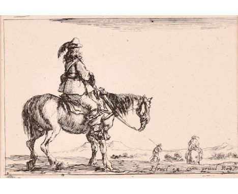 Stefano Della Bella (1610-1664), horseman riding, etching 2" x 3.25" (5 x 8cm), along with two further works by the same hand