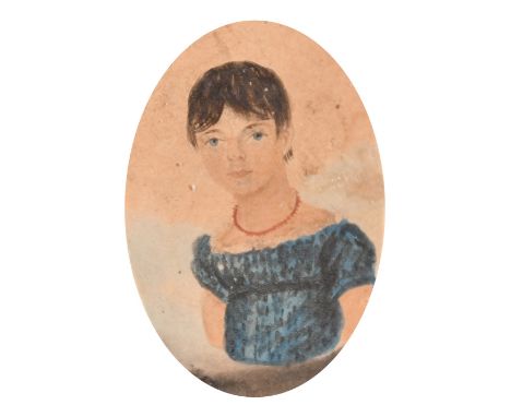 A Regency period miniature watercolour, a bust length portrait of a young girl wearing a coral necklace, 2.75" x 2" (7 x 5cm)