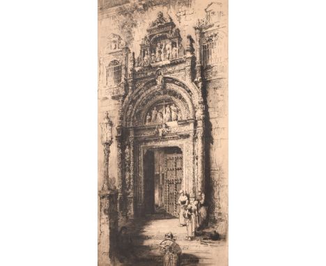 Andrew Fairbairn Affleck (1874-1935), figures by a carved stone doorway, etching, signed in pencil, plate size 25" x 13" (63.
