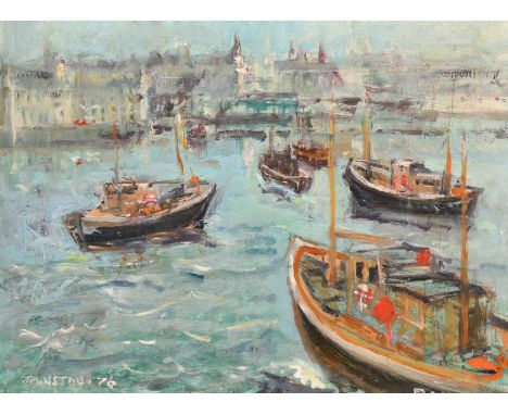 20th Century Impressionist School, fishing boats in a built up harbour, oil on board, signed Johnston, 13" x 17" (33 x 43cm).