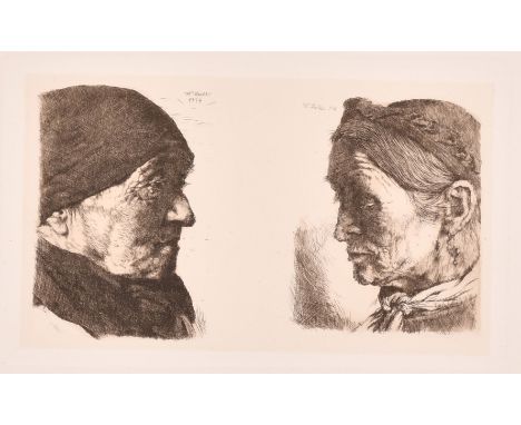 Wilhelm Leibl (1844-1900), an etching of an old man and woman, 3.5" x 6" (9 x 15cm) along with two further etchings of the sa