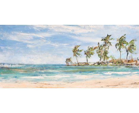 20th Century Impressionist School, palm trees on a windswept spit, oil on canvas board, signed crane, 16" x 36" (40 x 92cm).