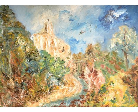 Modern British School, Impressionist landscape, with monastery behind trees, oil on canvas board, Talbot Gallery label verso,