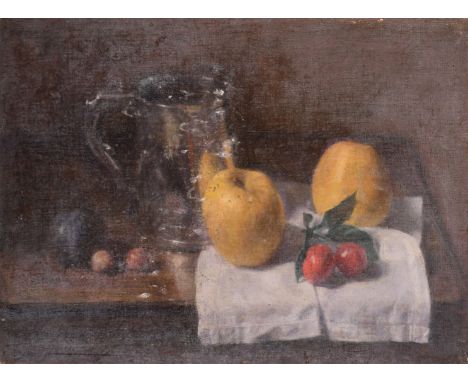 GEORGE WEISSBORT (1928 - 2013)STILL LIFE, a jug, apples and cherries, board, 9.5ins x 14ins (23cm x 35cm).