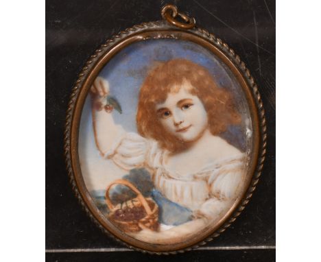 Peter (Possibly Emanuel Thomas Peter), 19th Century, a miniature portrait of a girl in a blue sash holding some cherries, wat