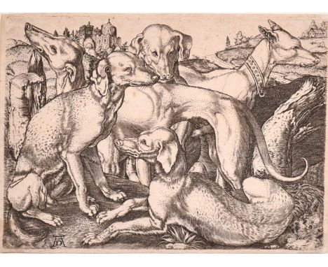 After Albrecht Durer, a group of five hunting dogs, engraving, 3.25" x 4.25" (8.5 x 11cm), unframed.