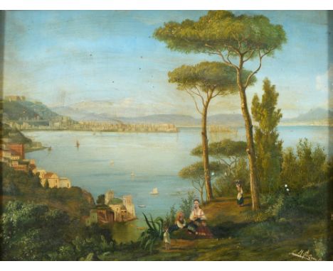Italian School, 19th c -The Bay of Naples, indistinctly signed, oil on board, 26 x 34cm  The surface with some ingrained dirt
