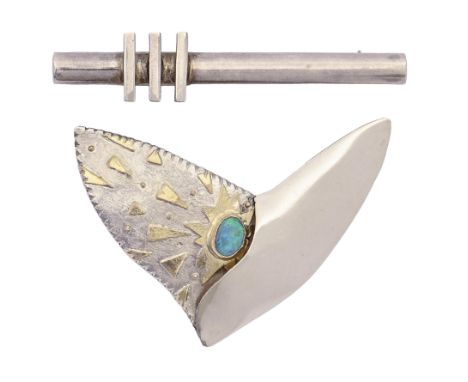 A modernist opal brooch, in silver, parcel gilt, 55mm l, maker's mark poorly struck, Birmingham 1995 and a French silver broo