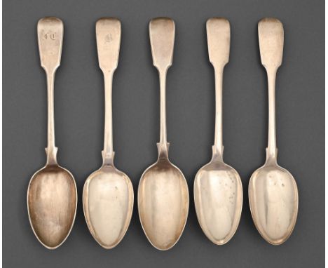 Four William IV and Victorian silver tablespoons and another of later date, Fiddle pattern, London and Sheffield, by various 