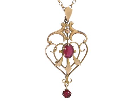 A synthetic ruby openwork pendant, early 20th c, in gold, 43mm, marked 9ct, on gold necklet, 4g  Complete and undamaged