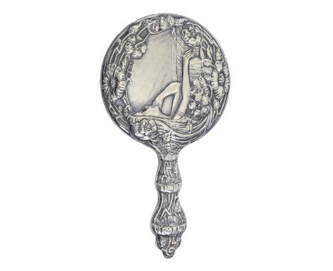 An Edwardian Art Nouveau silver hand mirror, 27cm l, by Williams (Birmingham) Ltd, 1903  Slight wear and polish residue, no h