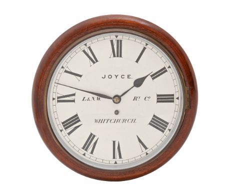 Railway clock. A mahogany wall timepiece, Joyce Whitchurch, the brass fusee movement with 12.5 x 11.5cm plates and brass pend