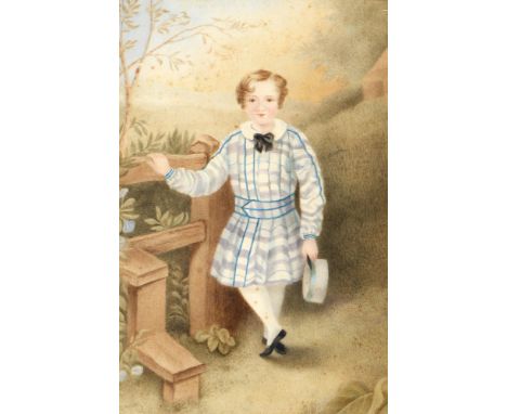 English School, mid-19th c - Portrait of Henry Shuttleworth, full-length, holding a cap, manuscript label to verso, watercolo