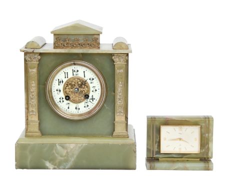A giltmetal mounted onyx architectural mantel clock, with enamel dial, pendulum, 29cm h x 23.5cm w and a brass inlaid onyx de