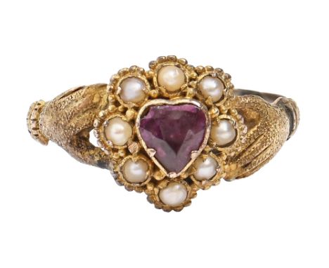 A Victorian heart shaped ruby and split pearl ring,&nbsp;with hand shoulders, in 15ct gold, Birmingham 1864, 1.6g, size I½  O