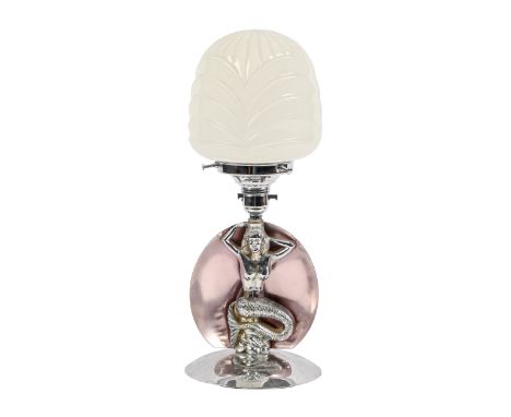 An Art Deco chromium plated mermaid table lamp, with a white glass shade, 38cm h  