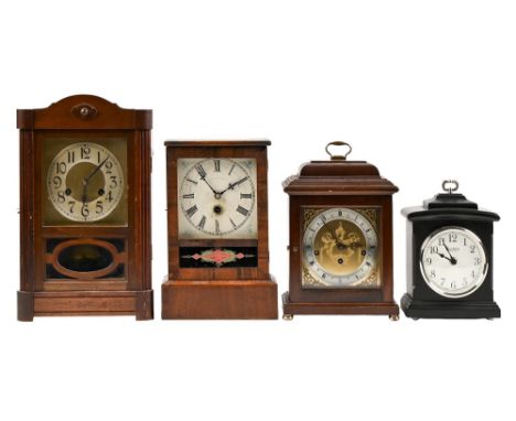 A 1930s stained wood mantel clock, the brass dial with silvered chapter ring, pendulum and key, 38cm h; 23 x 11cm, a later Ge