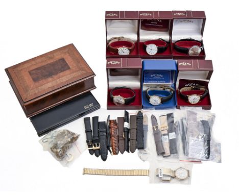 Six Rotary wristwatches, boxed, a quantity of unused watch straps and a decorative walnut box and cover  