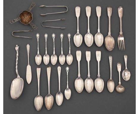 A George III silver caddy spoon, Feather Edge pattern, maker G S, London 1806 and miscellaneous silver flatware, George III a