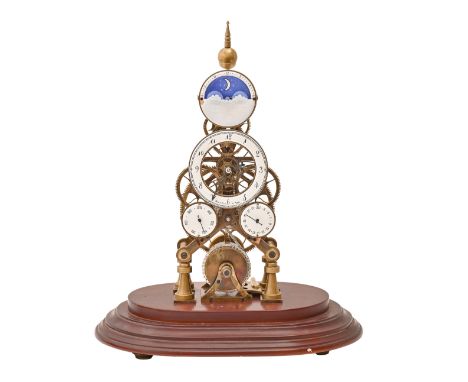 A reproduction Austrian brass skeleton clock, late 20th c,&nbsp;with enamel chapter ring, subsidiary dials and lunar work, wi