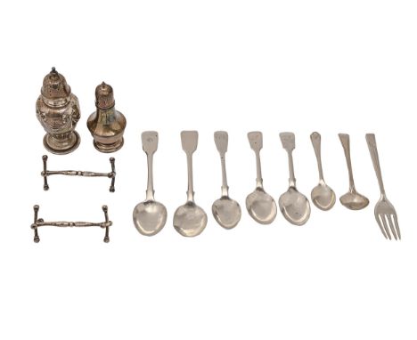A pair of George IV silver knife rests, 68mm l, maker's mark rubbed, -R, London 1823, seven silver tea and other spoons and a