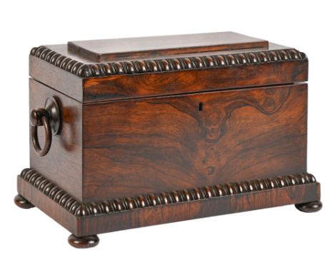 A Victorian rosewood tea chest, bead and reel mouldings, the fitted mahogany interior retaining pair of tea caddies, 34cm ove