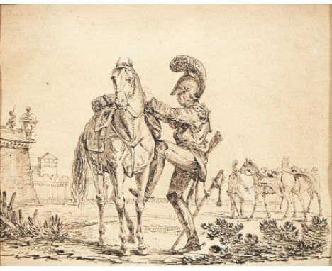 Continental School, first half 19th c - A Dragoon Mounting his Horse, pen-and-ink on paper, 22.5 x 28.5cm  The sheet slightly
