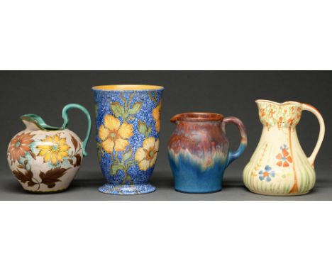 A Denby Danesby Ware jug, 1930s, 15cm h, printed mark, a Wadeheath jug, Gouda jug and Dutch pottery vase, painted with flower