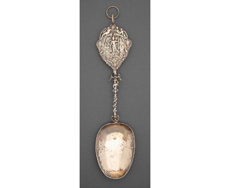 A decorative Dutch silver ladle, with figural and lion mask cast handle, 31cm l, bearing pseudo marks, import marked Louis La
