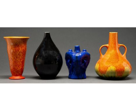 A Pilkingtons Royal Lancastrian mottled orange glazed vase, a similar Clews &amp; Co two handled vase, a Bretby blue triangul