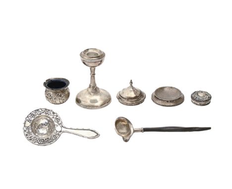 A Chinese silver strainer, early 20th c, pierced with prunus, 13cm l, marked in Chinese, an Irish Victorian silver toddy ladl