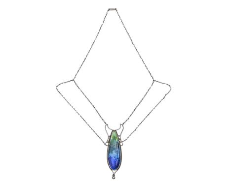 A British Arts &amp; Crafts silver and enamel pendant, c1910, on integral necklet, pendant 73mm h  Two pin holes in enamel on